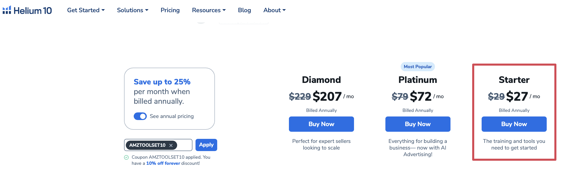 Archived screenshot of Helium 10's pricing page showing the Starter and Platinum plans side by side
