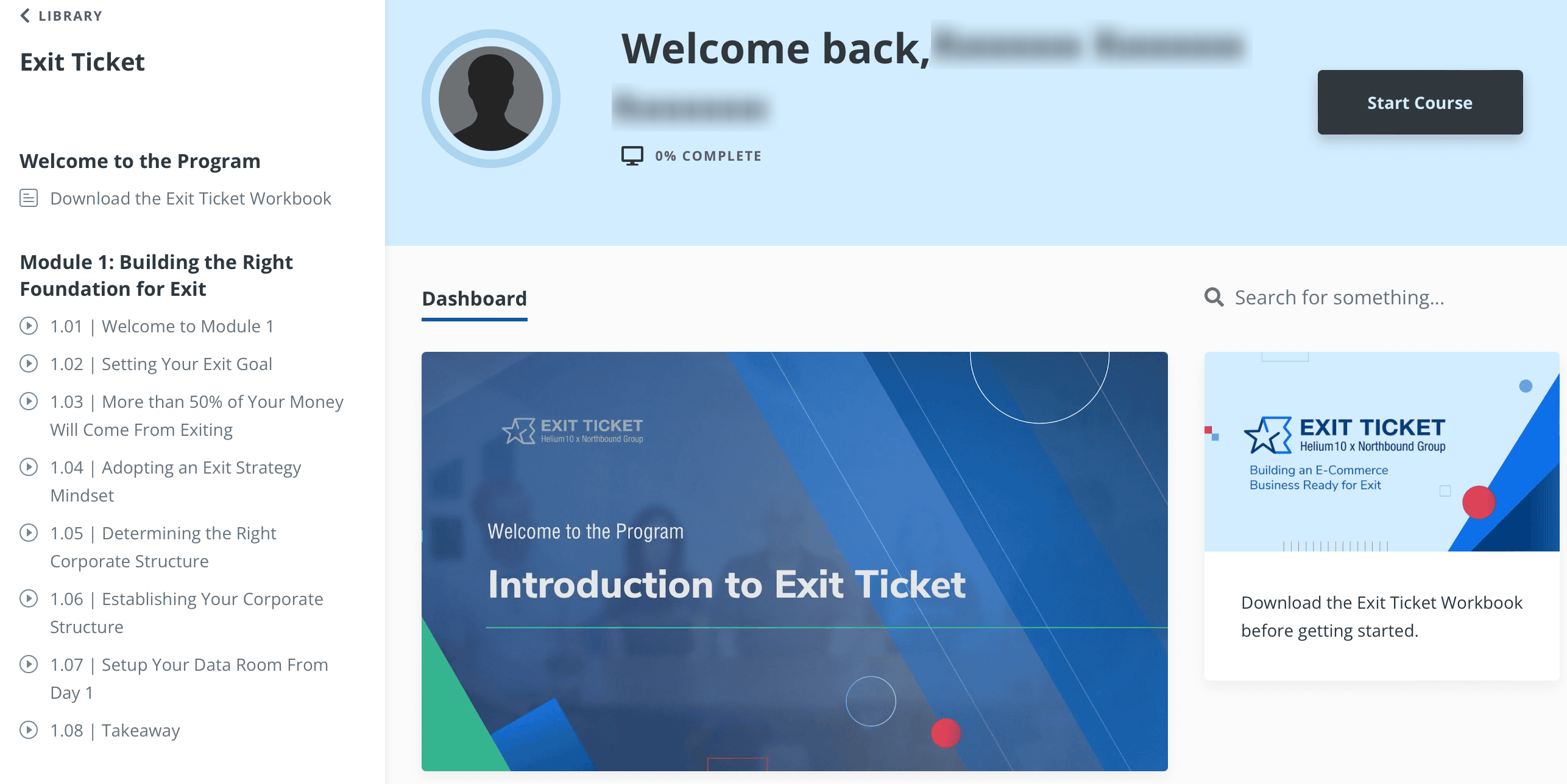 Inside Exit Ticket: Module 1, Building the Right Foundation for Exit, with lessons 1.01 to 1.08 and a link to download the Exit Ticket workbook