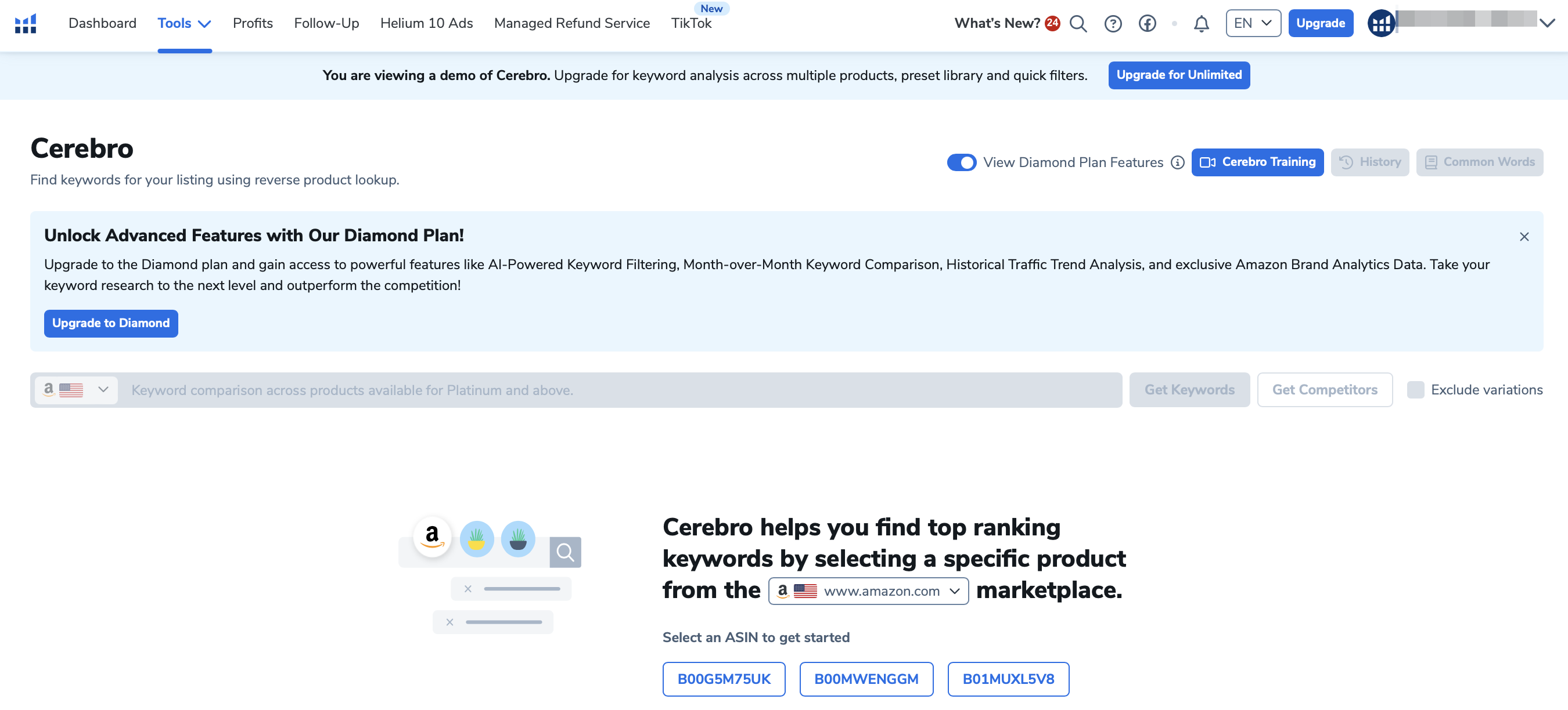 Helium 10 Cerebro in use, showing reverse-ASIN keyword results with rank and search-volume columns