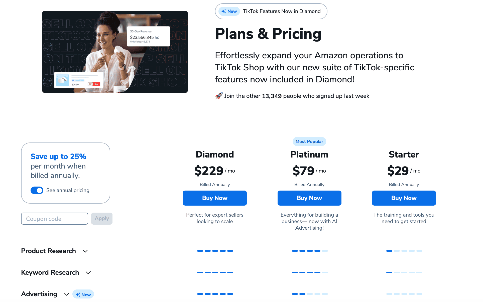 Helium 10 Diamond plan pricing card on the Helium 10 pricing page
