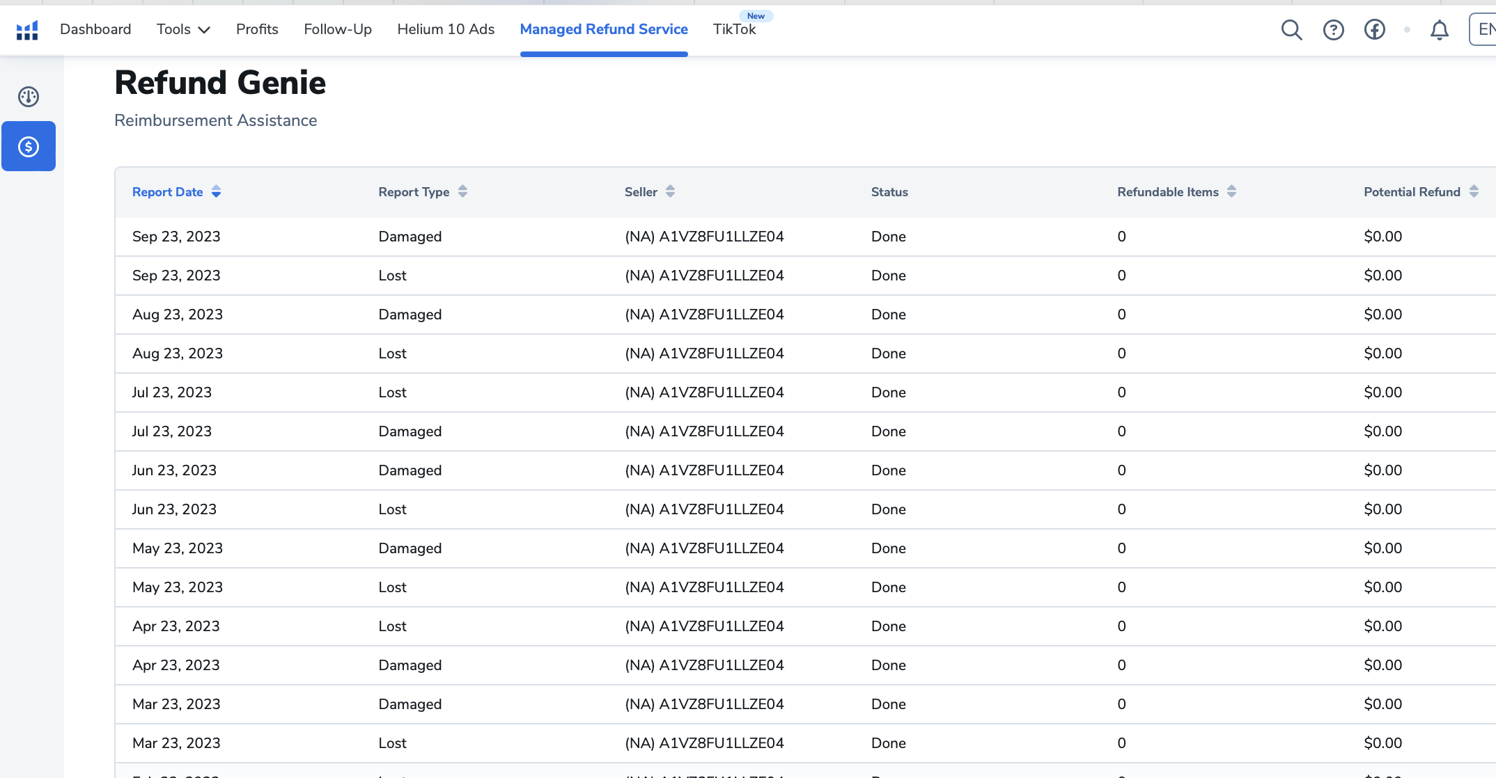 Helium 10 Refund Genie dashboard listing returned items with report dates and potential refund amounts