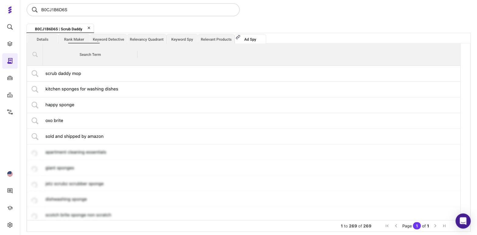 SmartScout Ad Spy on a Business plan, showing 269 competitor paid search terms with only the first five readable and the rest blurred behind the Enterprise upgrade