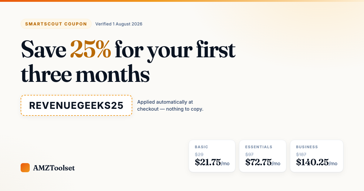 SmartScout coupon code REVENUEGEEKS25 applied at checkout for 25% off the first three months