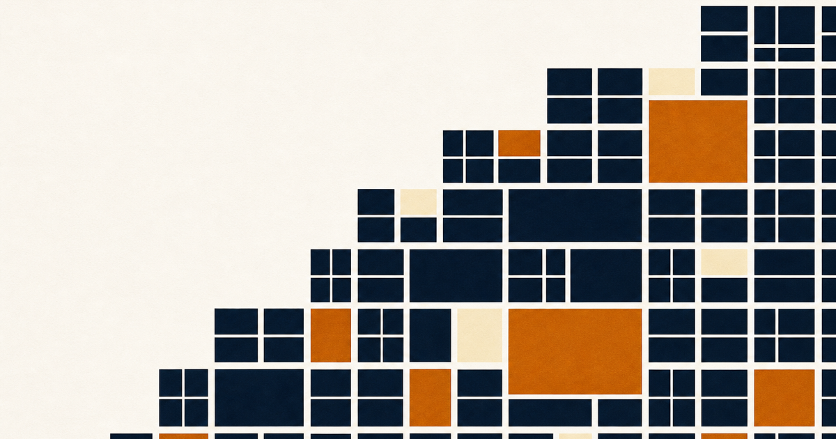 Illustration of a lattice of brand and inventory blocks, with a few surfacing as selected sourcing opportunities
