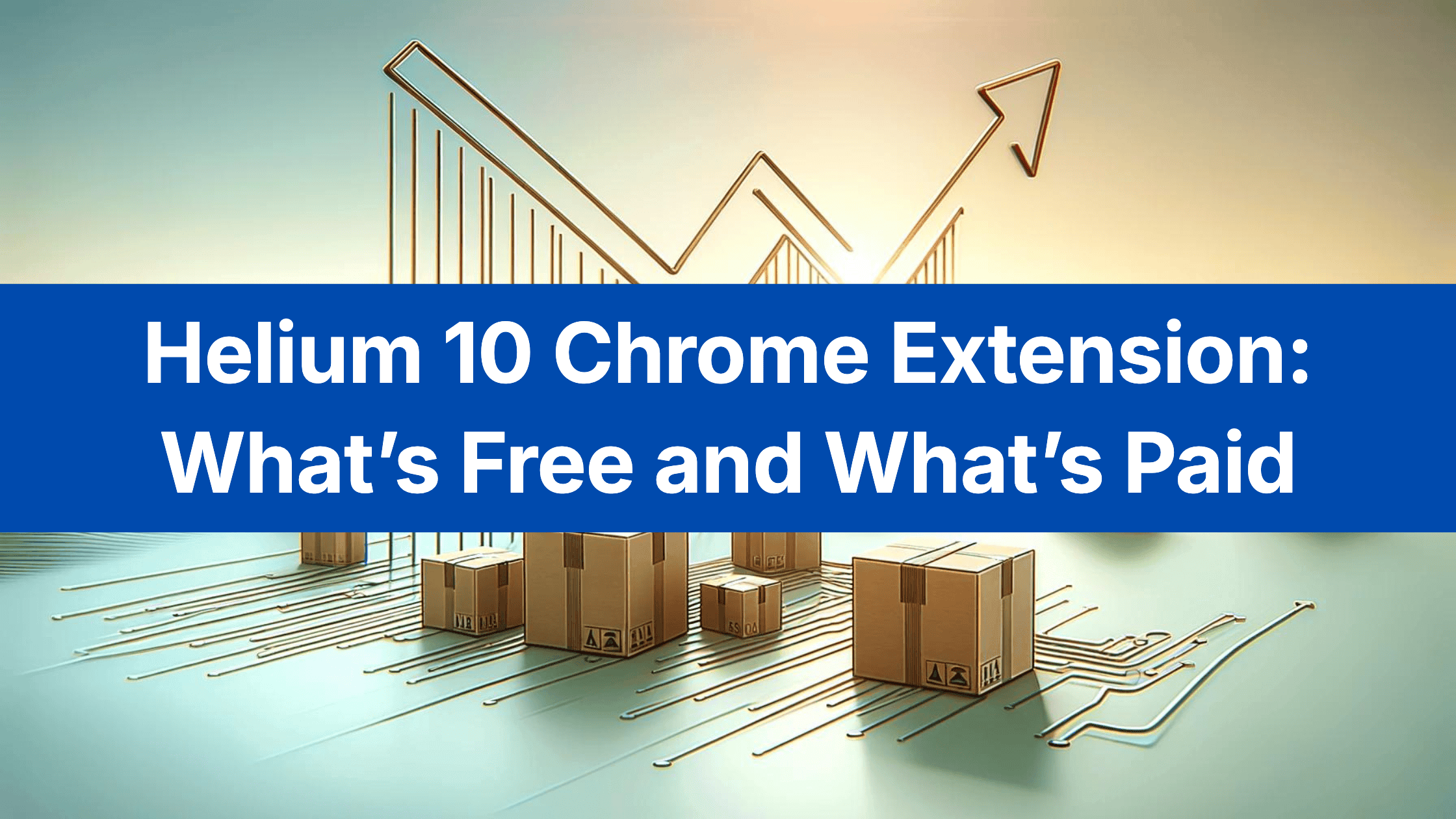 Title card reading Helium 10 Chrome Extension: What’s Free and What’s Paid, over an illustration of parcels and a rising line chart