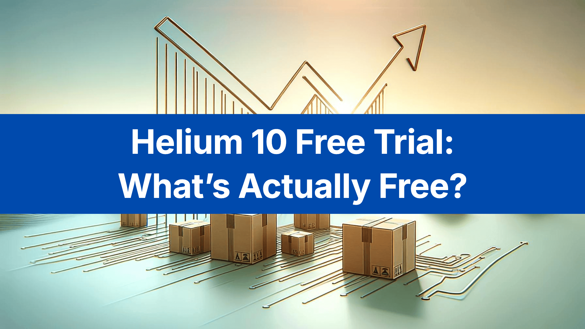 Title card reading Helium 10 Free Trial: What’s Actually Free?, over an illustration of parcels and a rising line chart