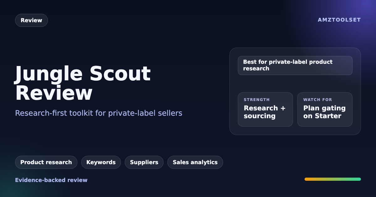 Jungle Scout review title card: a research-first toolkit for private-label sellers, strong on research and sourcing, with plan gating on Starter to watch for