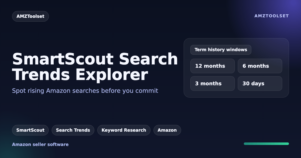 Title card reading SmartScout Search Trends Explorer: spot rising Amazon searches before you commit, with its 12-month, 6-month, 3-month and 30-day history windows