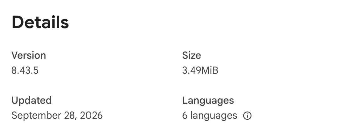 Chrome Web Store Details panel for the Helium 10 extension: version 8.43.5, updated September 28, 2026, size 3.49MiB, 6 languages