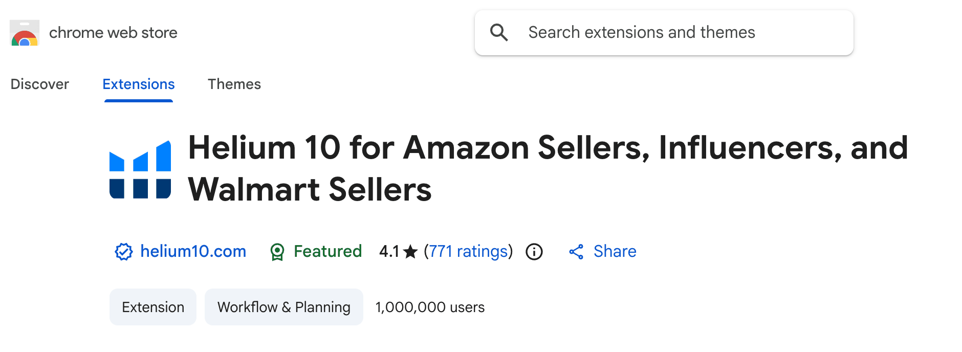Chrome Web Store listing for Helium 10 for Amazon Sellers, Influencers, and Walmart Sellers, showing the Featured badge, 4.1 stars from 771 ratings and 1,000,000 users