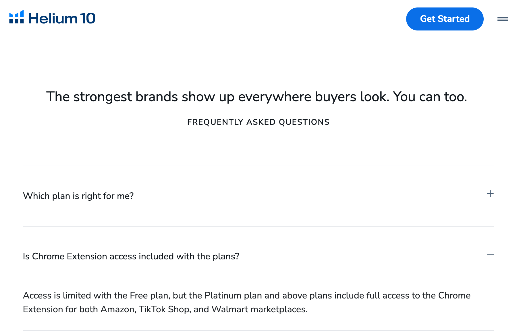 Helium 10 pricing page FAQ answer: access is limited with the Free plan, and Platinum and above include full Chrome Extension access for Amazon, TikTok Shop and Walmart