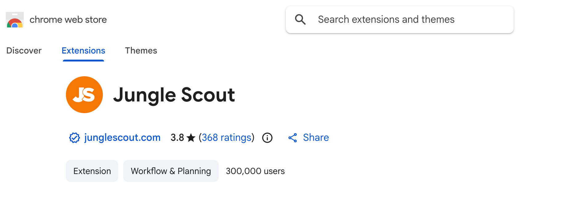 The Chrome Web Store listing for the Jungle Scout extension, published by junglescout.com: 3.8 stars from 368 ratings, Workflow & Planning category, 300,000 users