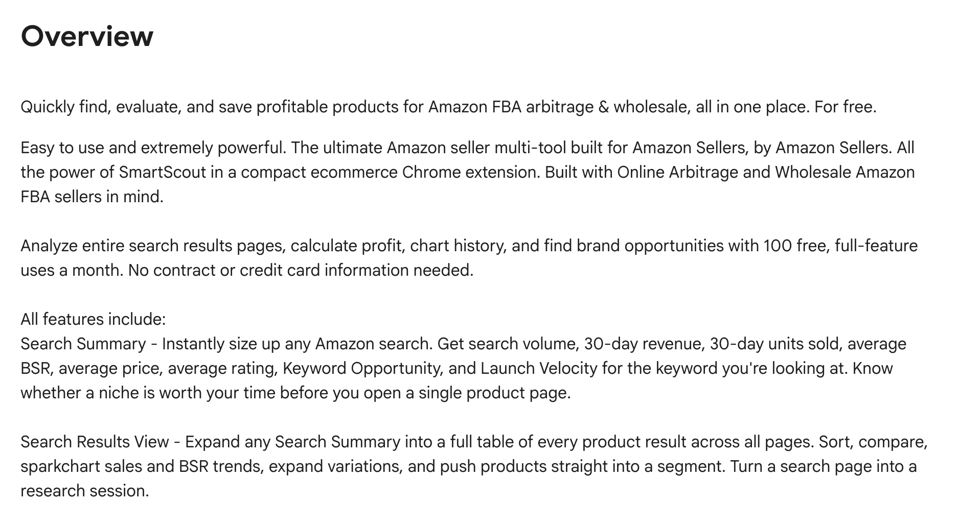 SmartScout's Chrome Web Store listing on 10 October 2026: 100 free full-feature uses a month with no contract or credit card, and a Search Summary that shows a keyword's search volume