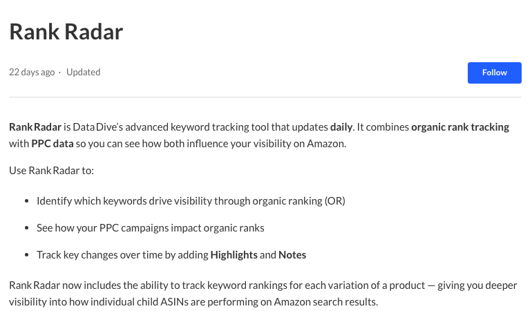 Data Dive's help center article on Rank Radar: a daily-updating keyword tracker that combines organic rank tracking with PPC data, with highlights and notes, and keyword ranks for each variation of a product