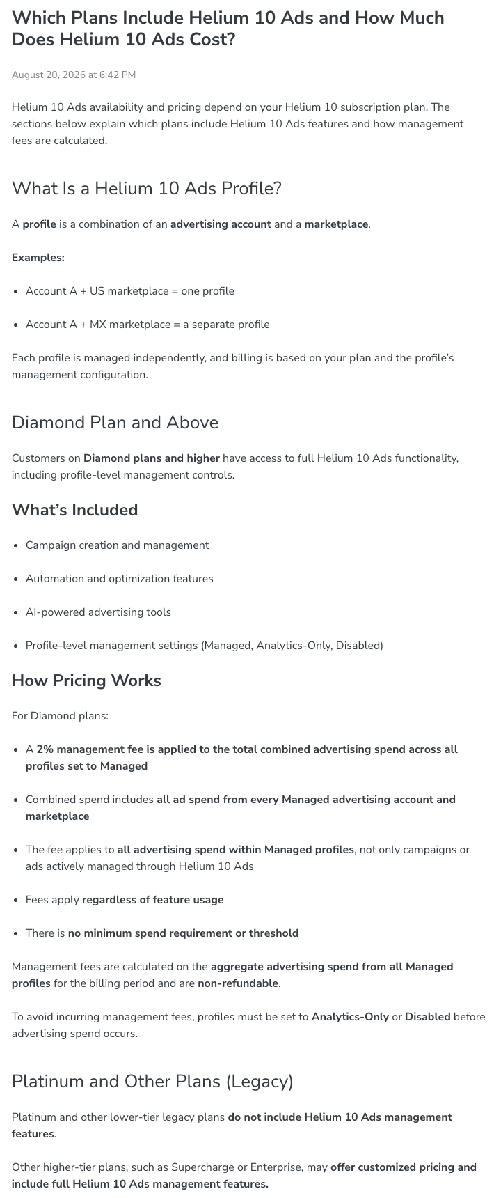 Helium 10 help-center article: full Helium 10 Ads functionality on Diamond and higher plans, a 2% management fee on all ad spend in profiles set to Managed, and no minimum spend or threshold