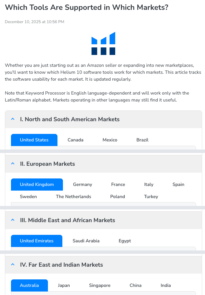 Helium 10's help-center article Which Tools Are Supported in Which Markets?, showing the four region headings and the country tabs under each