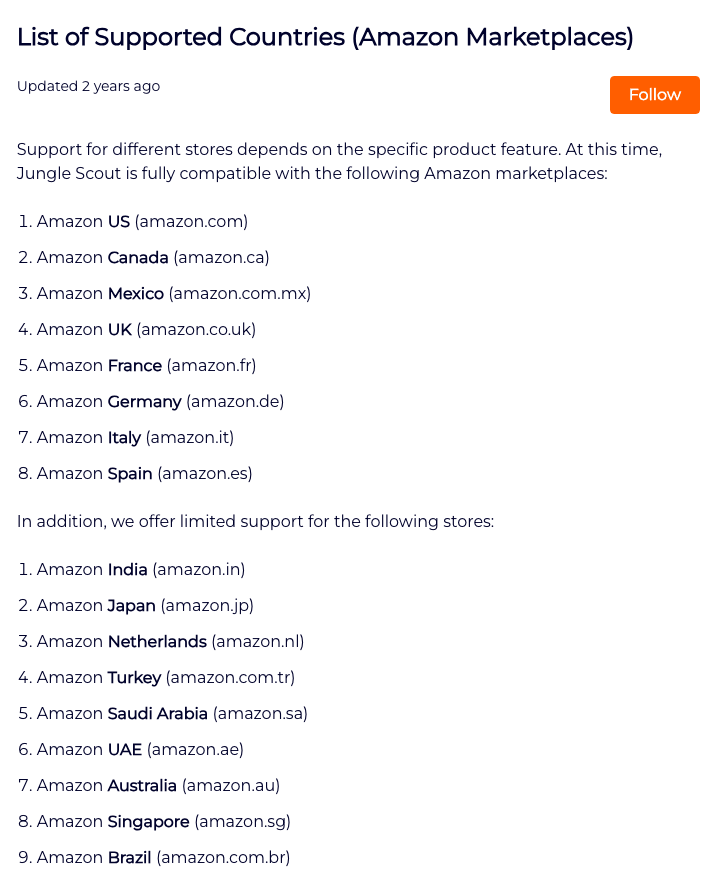 Jungle Scout's help-center list of 8 fully supported Amazon marketplaces and 9 with limited support