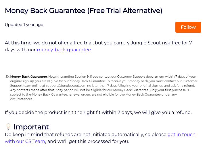 Jungle Scout help-center article "Money Back Guarantee (Free Trial Alternative)": no free trial, a 7-day money-back guarantee, an excerpt of the terms limiting it to the first purchase, and a note that refunds are not initiated automatically