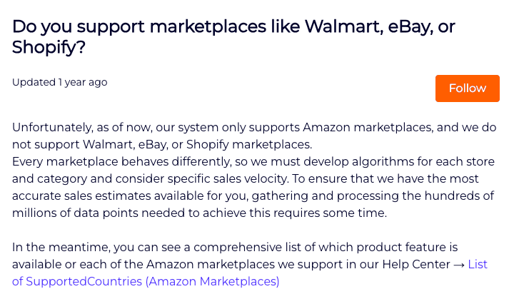 Jungle Scout help-center answer saying it supports Amazon marketplaces only, not Walmart, eBay or Shopify