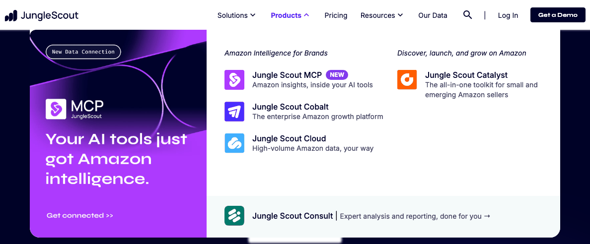 The Products menu on junglescout.com: Jungle Scout MCP, Cobalt and Cloud under "Amazon Intelligence for Brands", Jungle Scout Catalyst under "Discover, launch, and grow on Amazon", and Jungle Scout Consult at the bottom