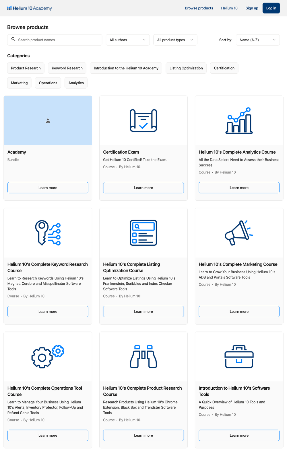 Helium 10 Academy's course catalog: an Academy bundle, a Certification Exam and seven courses whose descriptions still name Trendster, Misspellinator, Frankenstein, Inventory Protector and Portals