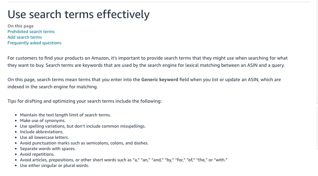 Amazon Seller Central help page Use search terms effectively, US version: tips for the Generic keyword field, including Use spelling variations, but don't include common misspellings
