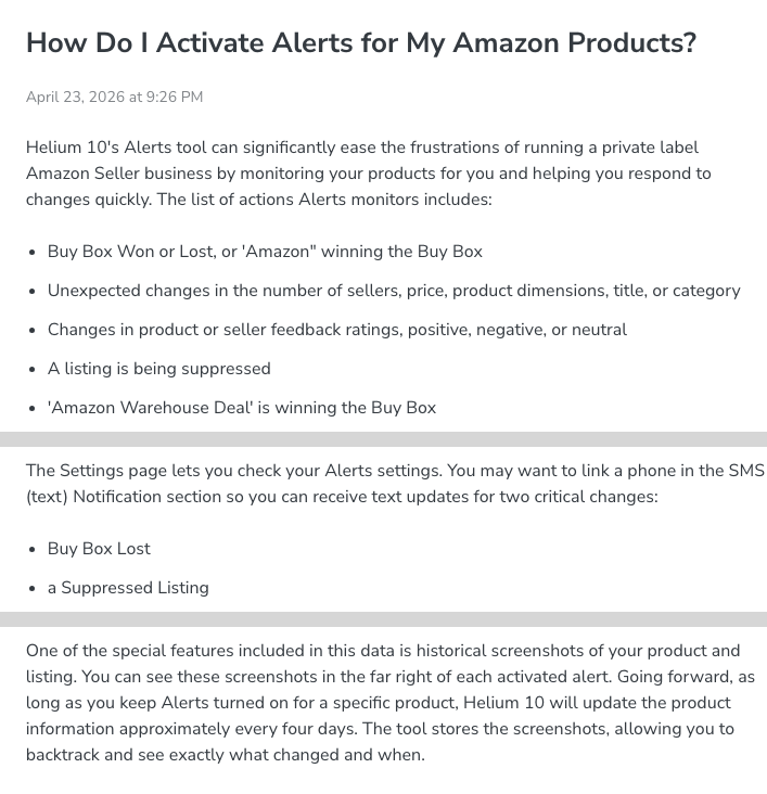 Helium 10 help-center article listing what Alerts monitors, the two events that can trigger text messages (Buy Box lost and a suppressed listing), and that product information updates approximately every four days