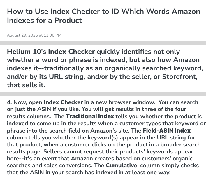 Helium 10 help-center article on Index Checker: it identifies whether a keyword is indexed and how (organically, by URL string or by storefront), and explains the Traditional Index, Field-ASIN Index and Cumulative columns