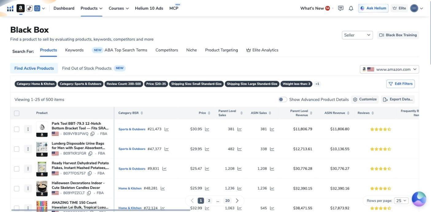 Helium 10 Black Box results in our account on 12 October 2026: 500 products for a $20 to $35 search with 200 to 500 reviews, each listed with category best-seller rank, price, estimated parent and ASIN sales and revenue, and rating