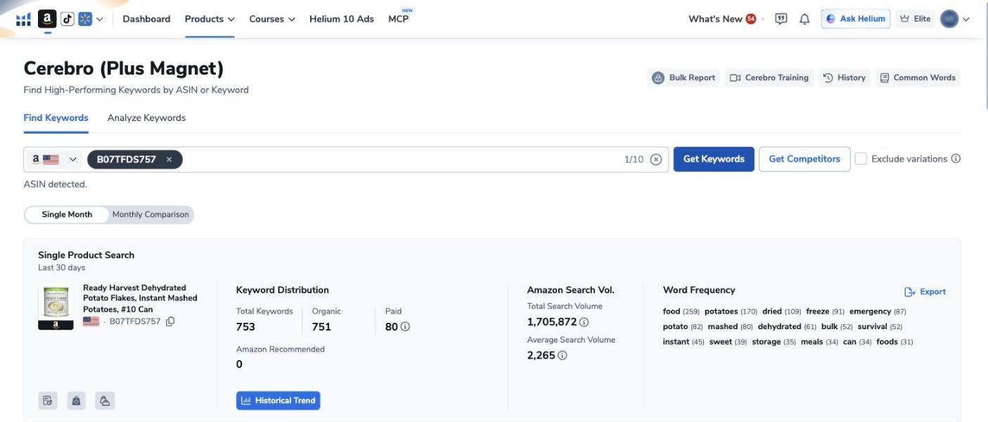 Cerebro results in our Helium 10 account for ASIN B07TFDS757: 753 keywords (751 organic, 80 paid), total search volume 1,705,872, average 2,265, and a word-frequency panel led by food, potatoes and dried