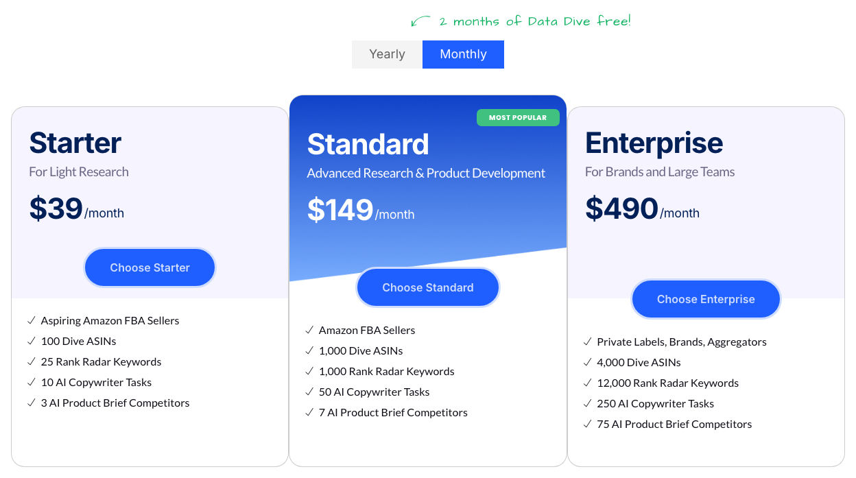 Data Dive's plan cards on monthly billing: Starter $39 with 25 Rank Radar keywords, Standard $149 with 1,000 and Enterprise $490 with 12,000
