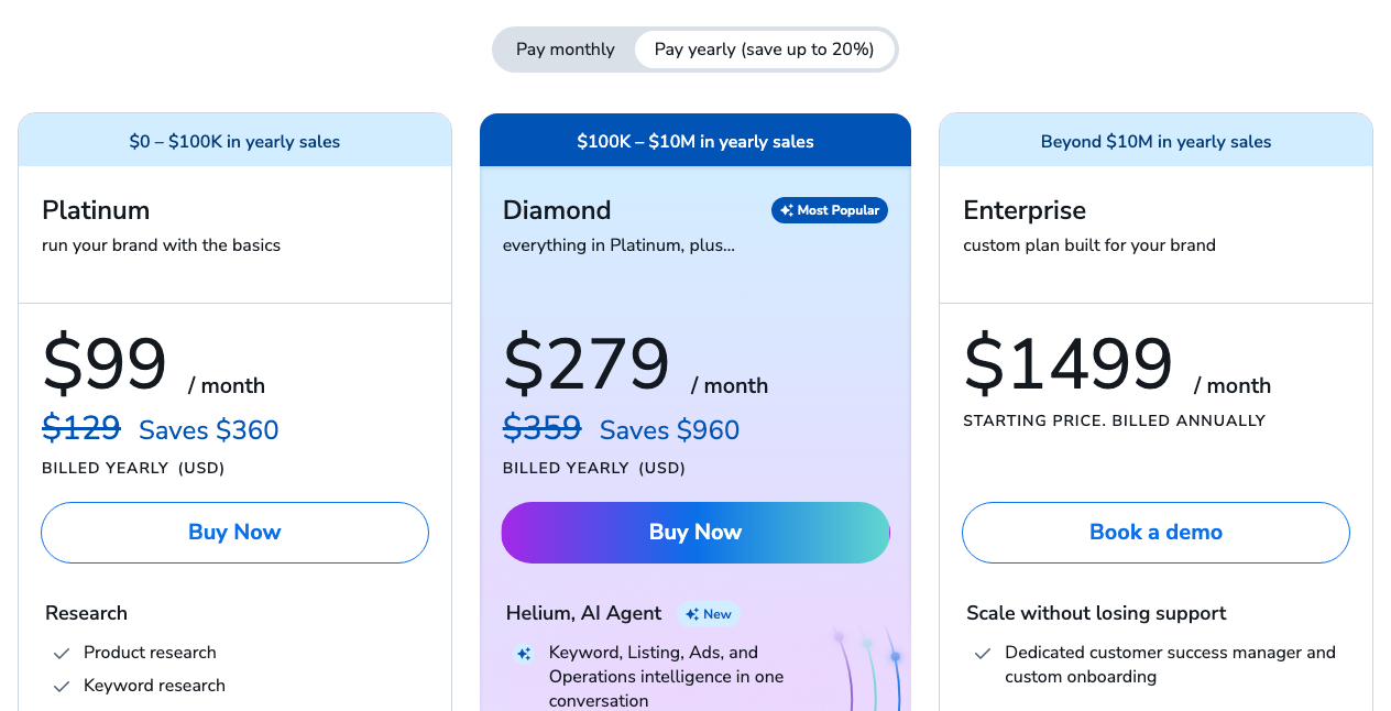 Helium 10 pricing page on 10 October 2026, yearly billing: Platinum $99 a month, Diamond $279 a month, Enterprise from $1,499 a month billed annually