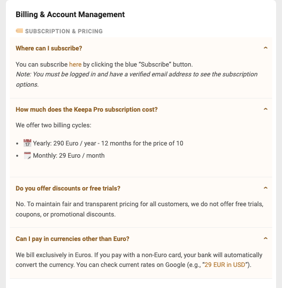 Keepa's FAQ: Keepa Pro costs 290 euros a year or 29 euros a month, with no free trials, coupons or promotional discounts, billed only in euros