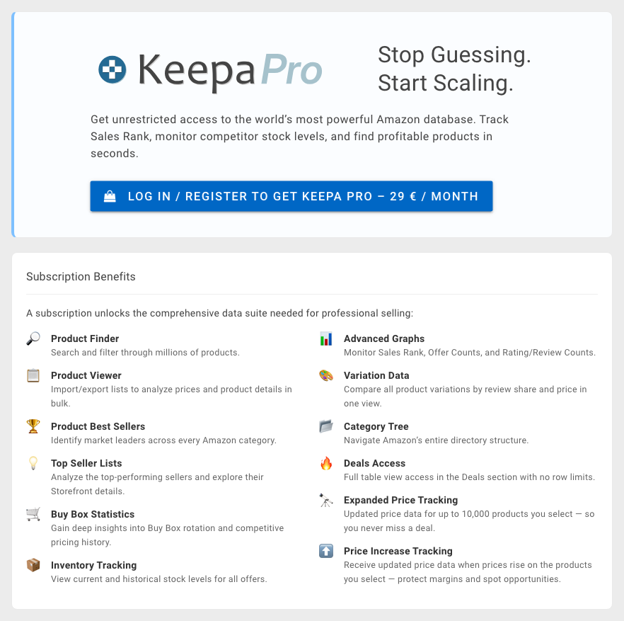 Keepa Pro page: the subscription button reads 29 euros a month, above a list of benefits including Product Finder, Advanced Graphs, Buy Box Statistics and Inventory Tracking