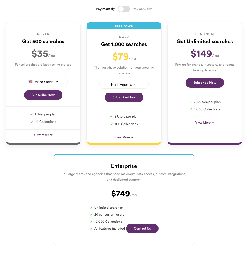 MerchantWords' plan cards on monthly billing: Silver $35 for 500 searches, Gold $79 for 1,000 searches, Platinum $149 for unlimited searches, and Enterprise $749 a month through Contact Us