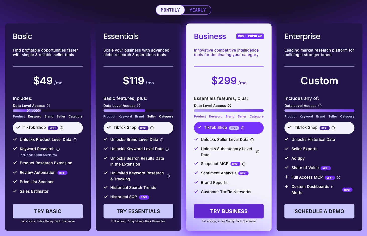 SmartScout plan cards with monthly billing selected, captured 10 October 2026: Basic $49, Essentials $119 and Business $299 a month, Enterprise custom