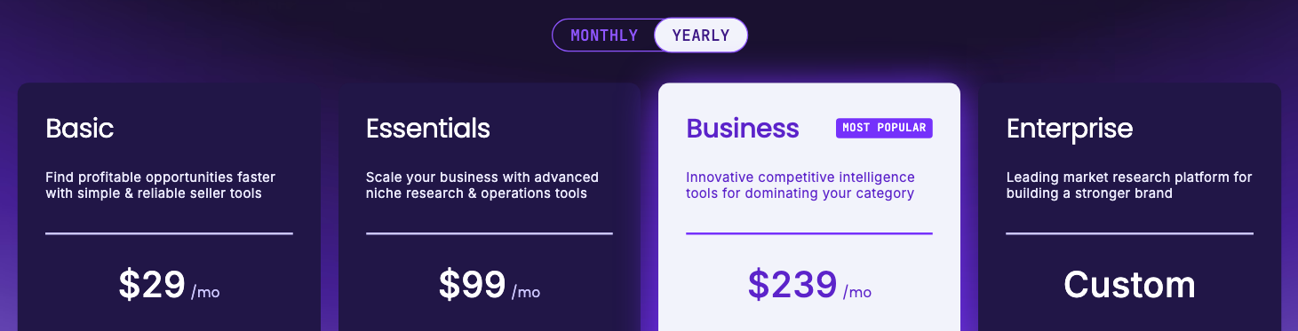 SmartScout's plan cards on yearly billing: Basic $29, Essentials $99 and Business $239 a month, with Enterprise at a custom price