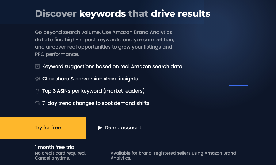sellerboard's Keyword Research page: keyword suggestions from Amazon Brand Analytics data, click and conversion share, the top 3 ASINs per keyword and 7-day trend changes, with the note that it is available for brand-registered sellers using Amazon Brand Analytics
