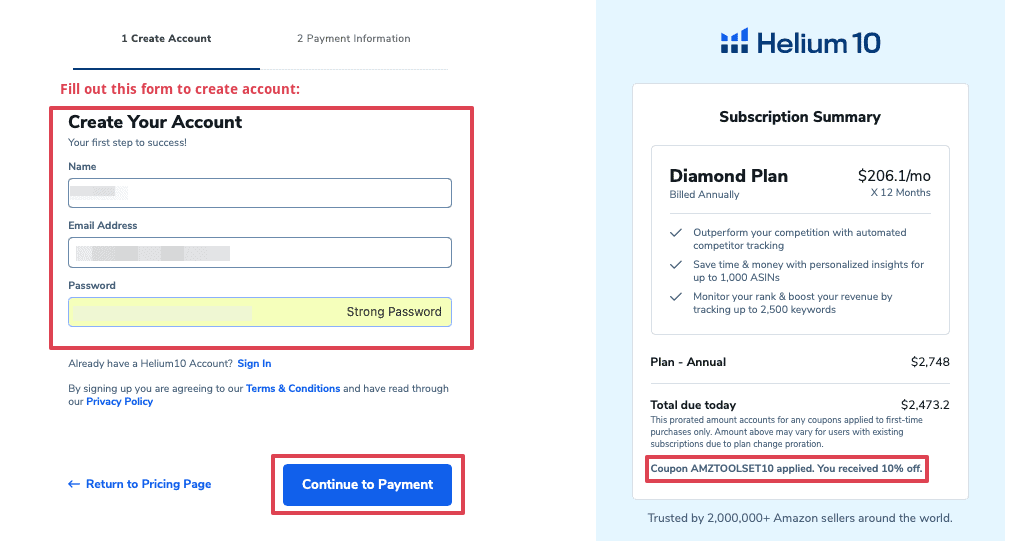 Helium 10 create account for diamond plan