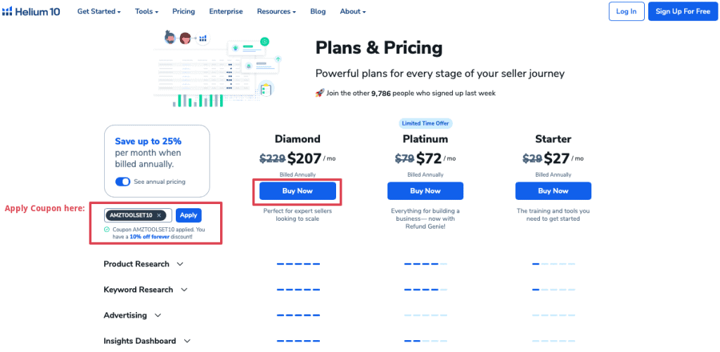 Helium 10 pricing page