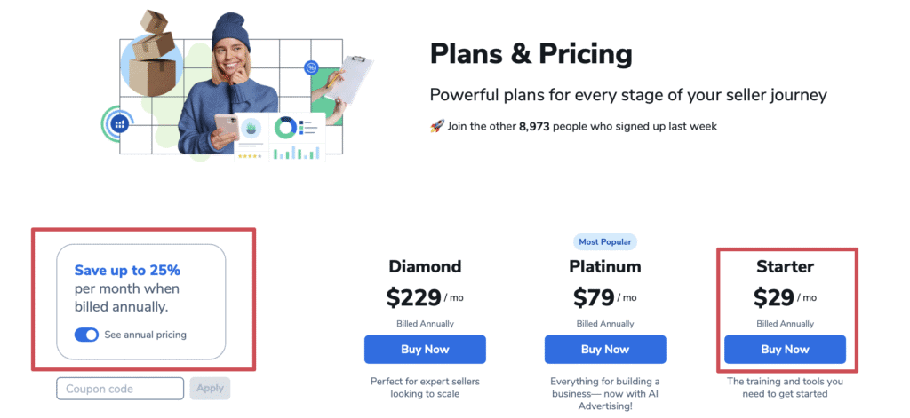 Helium 10 offers discount on starter plan if you choose annual billing option