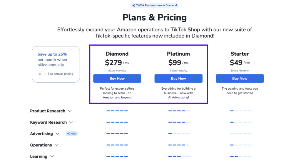 Helium 10 Platinum vs Diamond Pricing Comparison