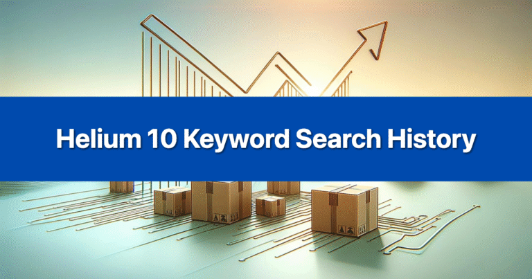 Helium 10 branded image with text 'Keyword Search History' for Amazon FBA sellers.